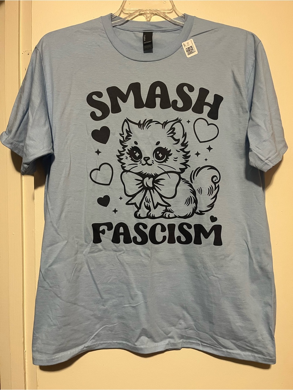 Port and Company Light Blue Tee with Black Kitten 'Smash Fascism' Graphic